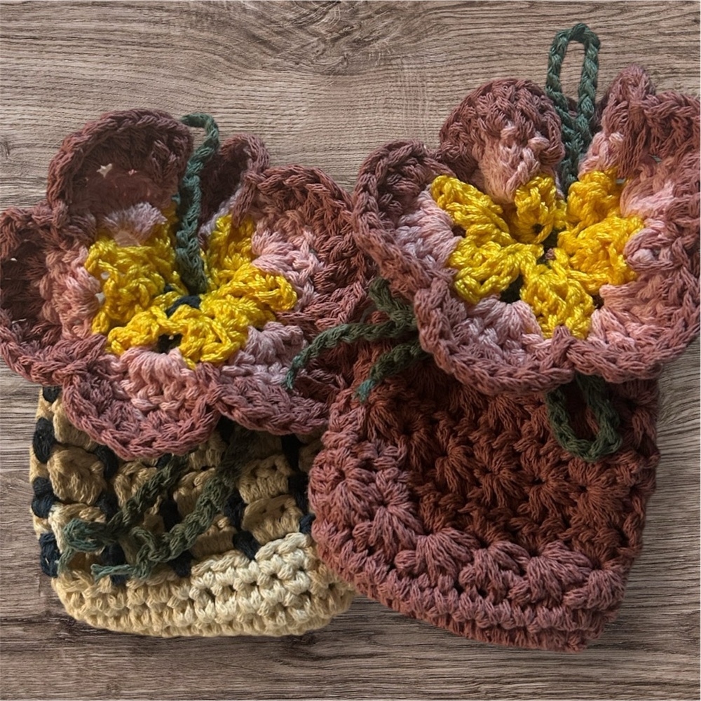 Hand Crafted Pink and Yellow Floral Crochet Pouches - Picture 1 of 3
